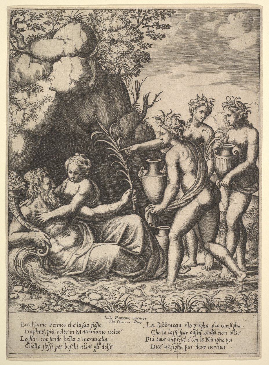 Daphne syleilee isäänsä, jokijumala Peneusta, vasemmalla kolme nymfiä tuovat purkkeja ..., 1530-60. tekijältä Master of the Die