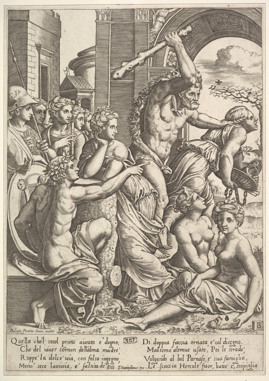 Oikealla kateus tai ahneus, jonka Hercules karkottaa muusojen temppelistä..., 1530-60. tekijältä Master of the Die