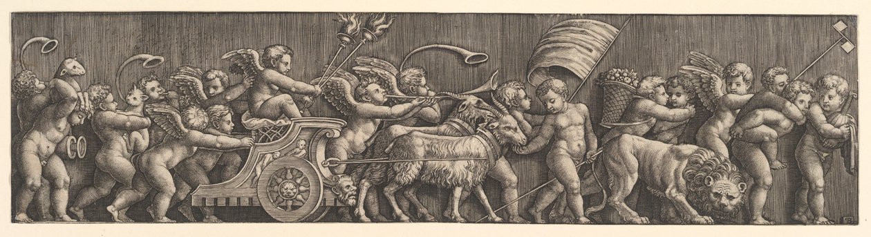 Friisi-asetelma, joka kuvaa rakkauden voittoa, Amor vuohien johdolla vaunuissa, mies..., 1530-60. tekijältä Master of the Die