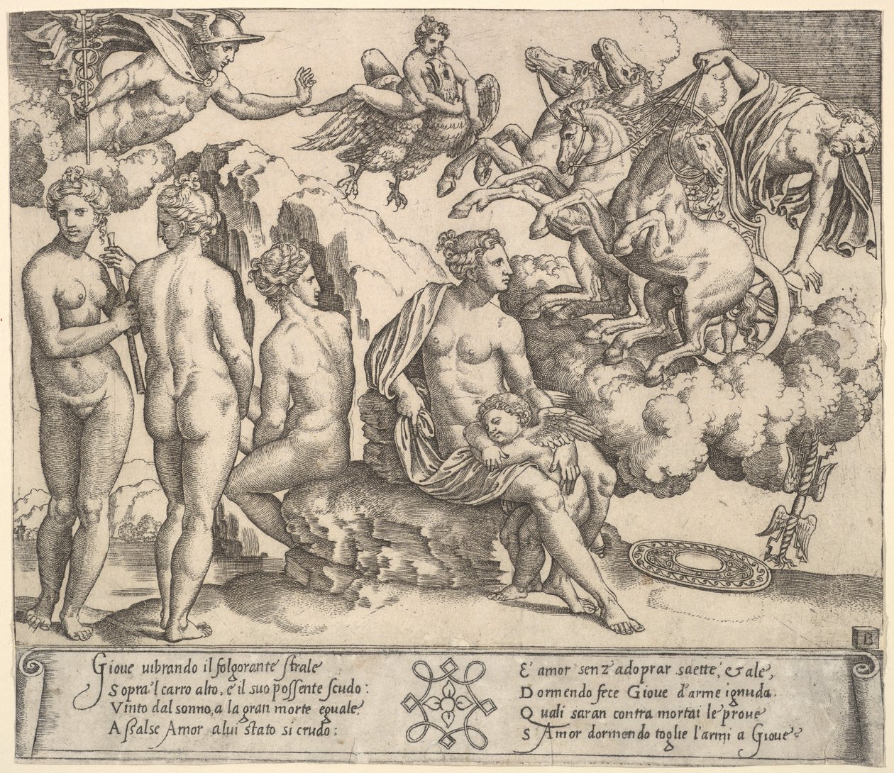 Jupiter putoaa hevoskärryistä oikealla, Ganymedes kotkan muodossa..., 1530-60. tekijältä Master of the Die