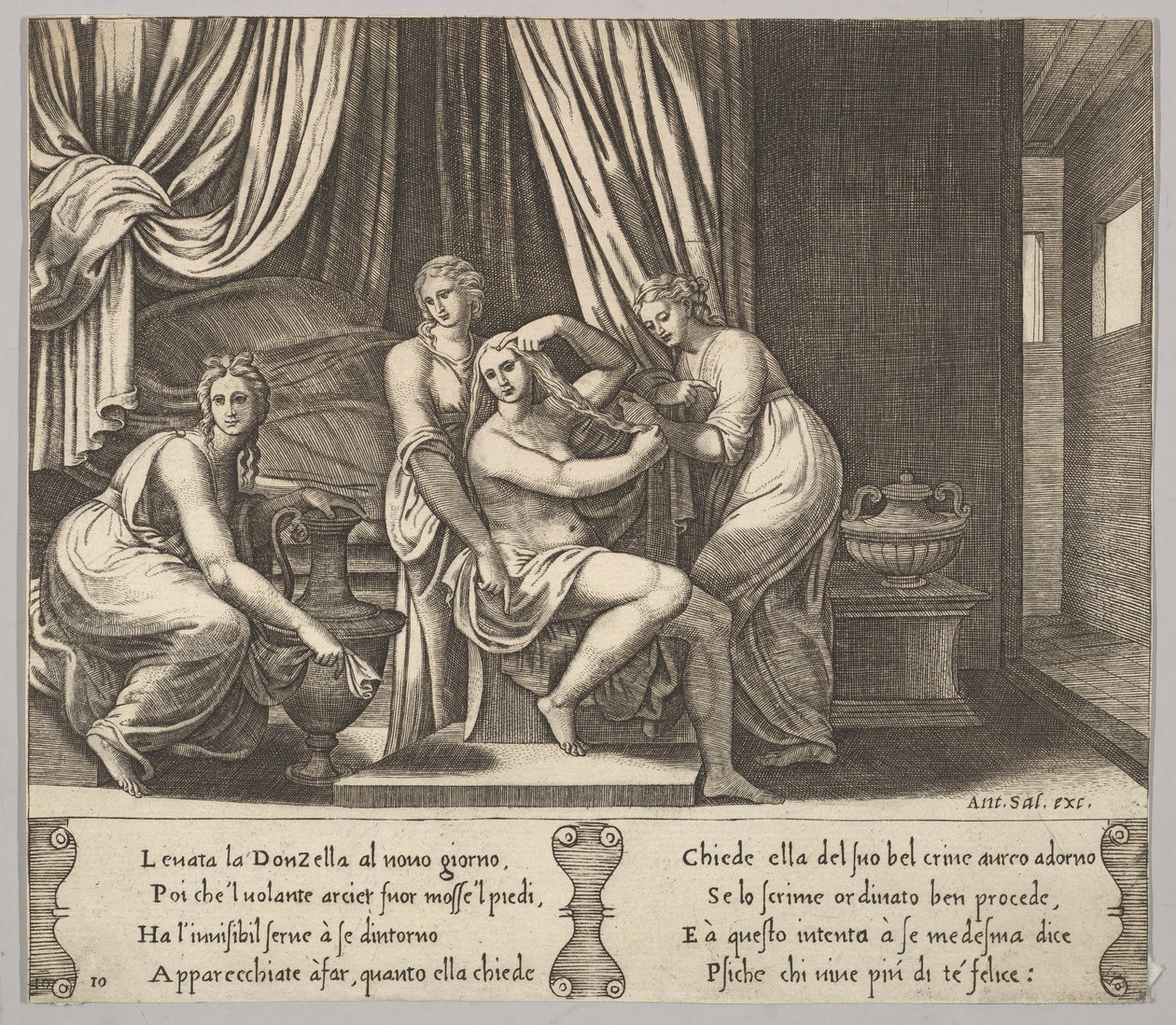 Levy 10: nymfit auttavat Psycheä pukemaan hiuksensa, teoksesta The Fable of Psyche, 1530-60. tekijältä Master of the Die