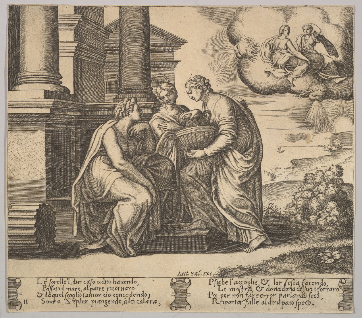 Levy 11: Psyche antaa lahjoja sisarilleen teoksesta The Fable of Psyche, 1530-60. tekijältä Master of the Die