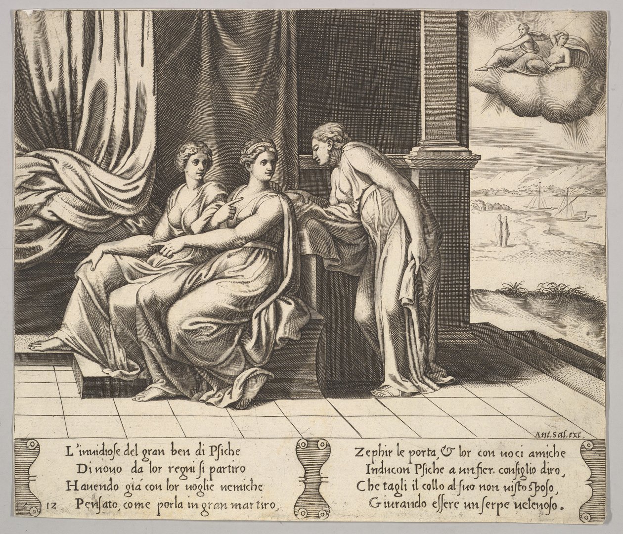 Levy 12: Psychen sisaret vakuuttavat hänet, että käärme nukkuu hänen kanssaan, teoksesta The Fable..., 1530-60. tekijältä Master of the Die