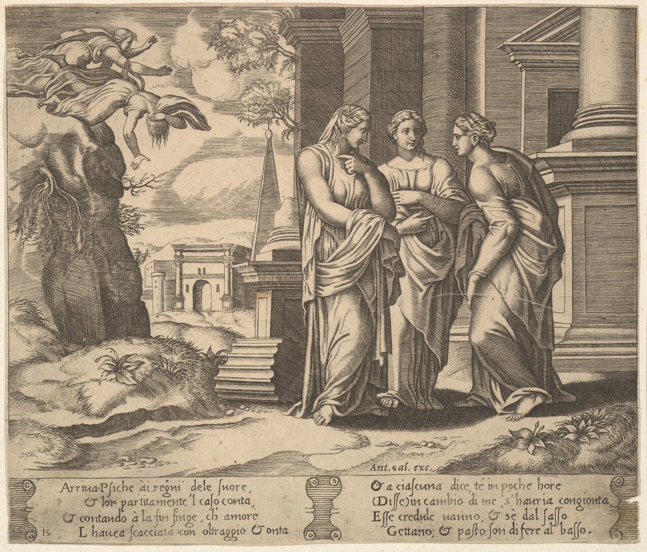 Levy 15: Psyyke kertoo onnettomuuksistaan sisarilleen, teoksesta The Fable of Psyche, 1530-60. tekijältä Master of the Die