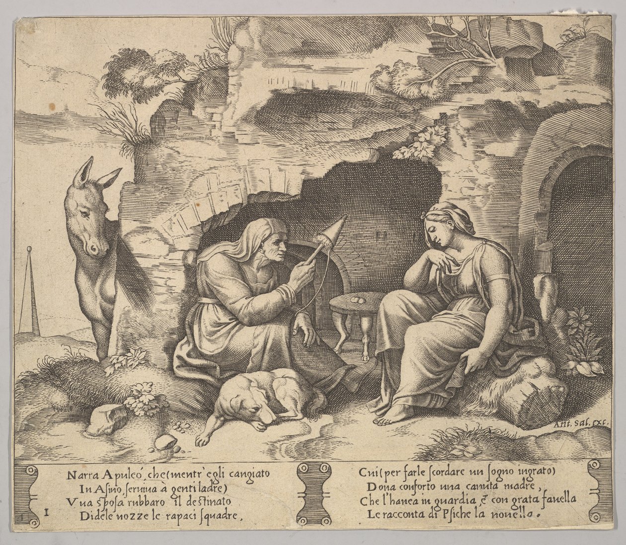 Levy 1: Apuleius muuttui aasiksi kuuntelemassa vanhan naisen kertomusta, sp..., 1520-70. tekijältä Master of the Die