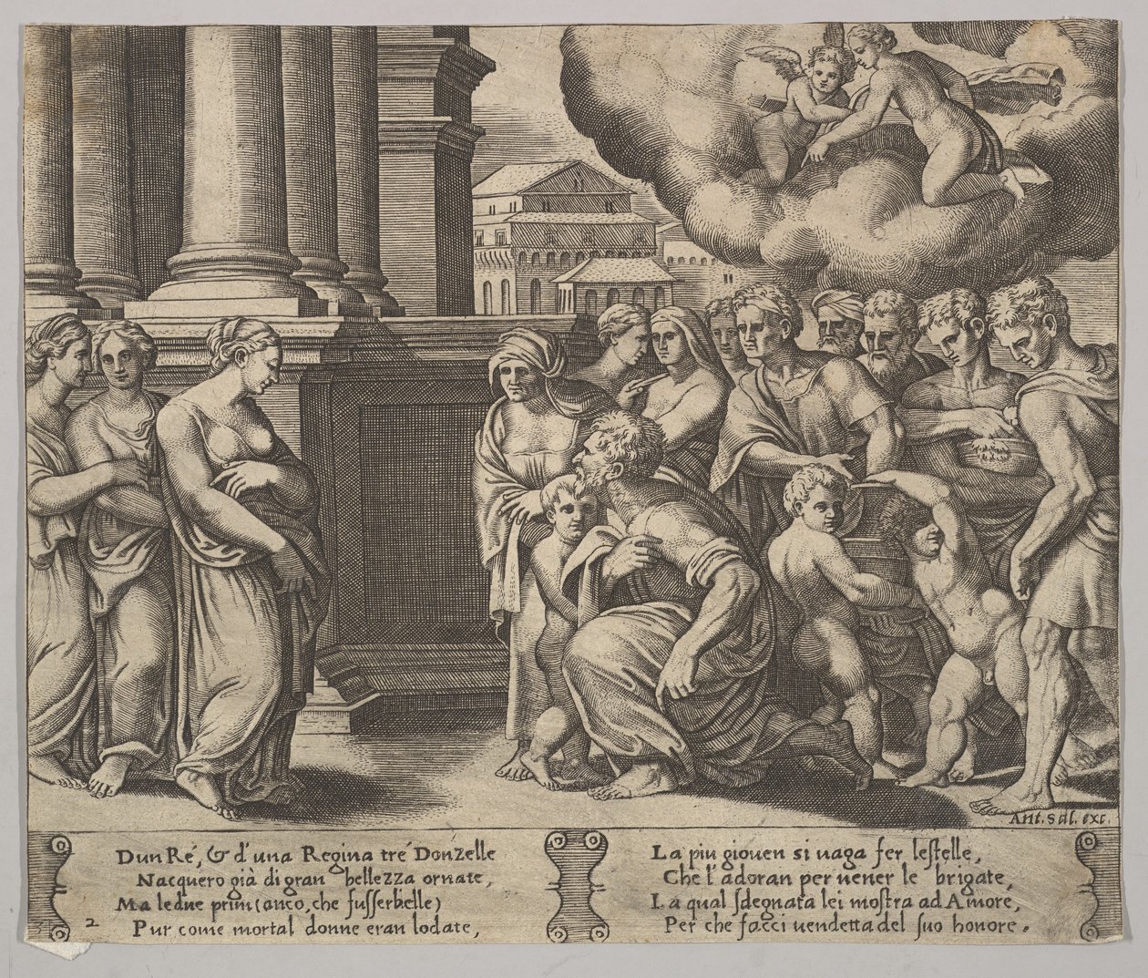 Levy 2: ihmiset, jotka antavat jumalallisia kunnianosoituksia Psykelle, teoksesta The Fable of Psyche, 1530-60. tekijältä Master of the Die