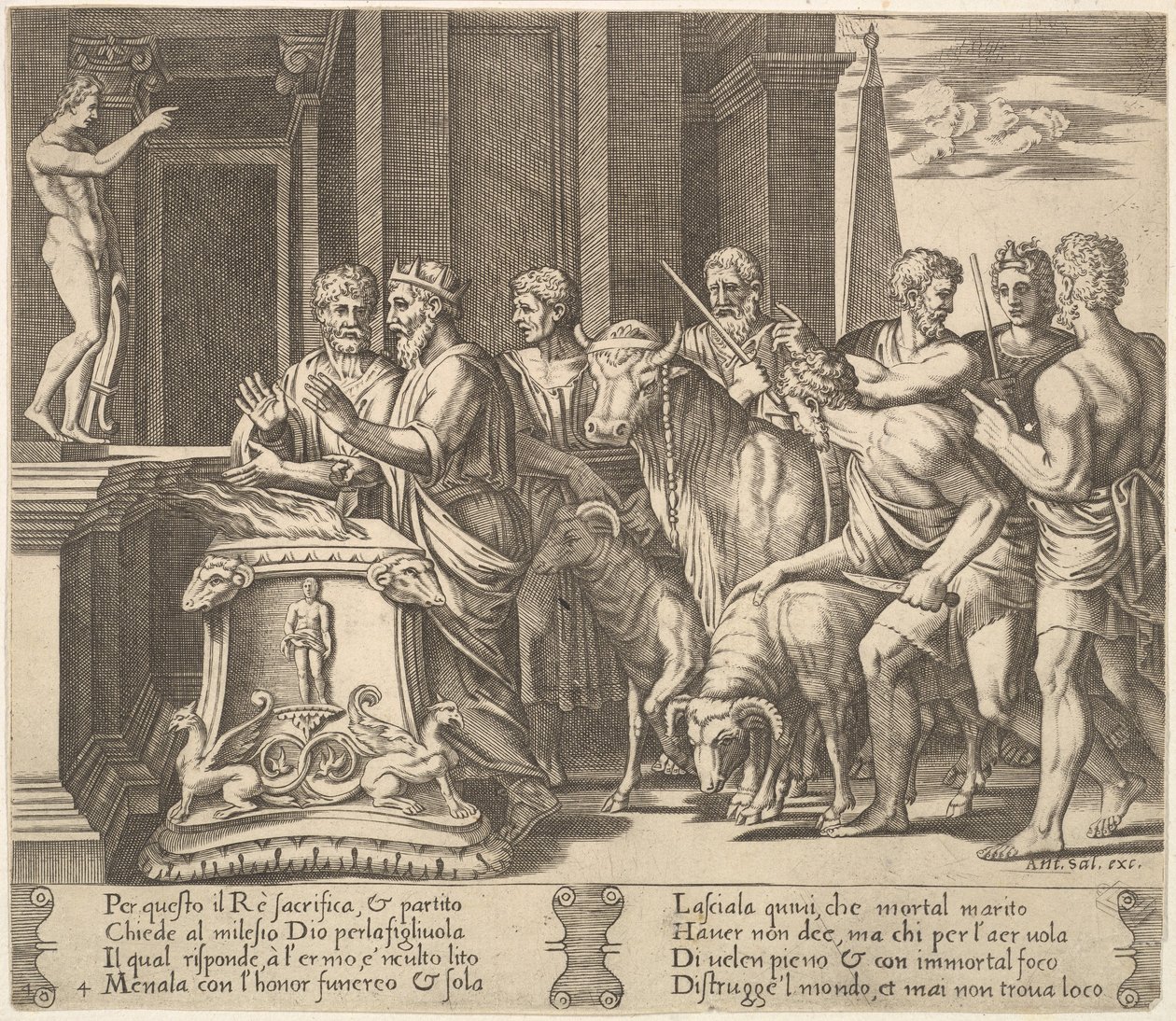 Levy 4: Psychen isä konsultoi oraakkelia, teoksesta The Fable of Psyche, 1530-60. tekijältä Master of the Die