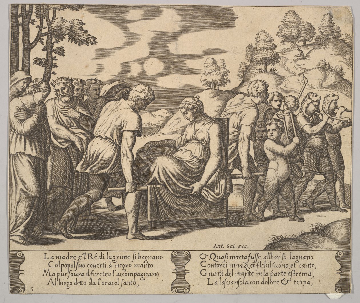 Levy 5: Psyke kantoi pentueen vuorelle, teoksesta The Fable of Psyche, 1530-60. tekijältä Master of the Die