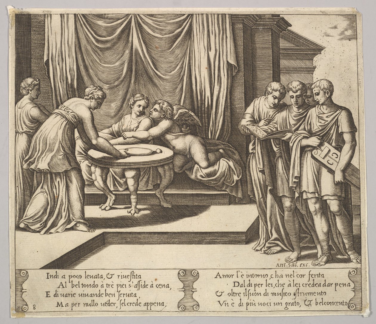 Levy 8: Psyyke istuu pöydän ääressä ja läsnä näkymättömiä palvelijoita, Eros g...n vieressä, 1530-60. tekijältä Master of the Die