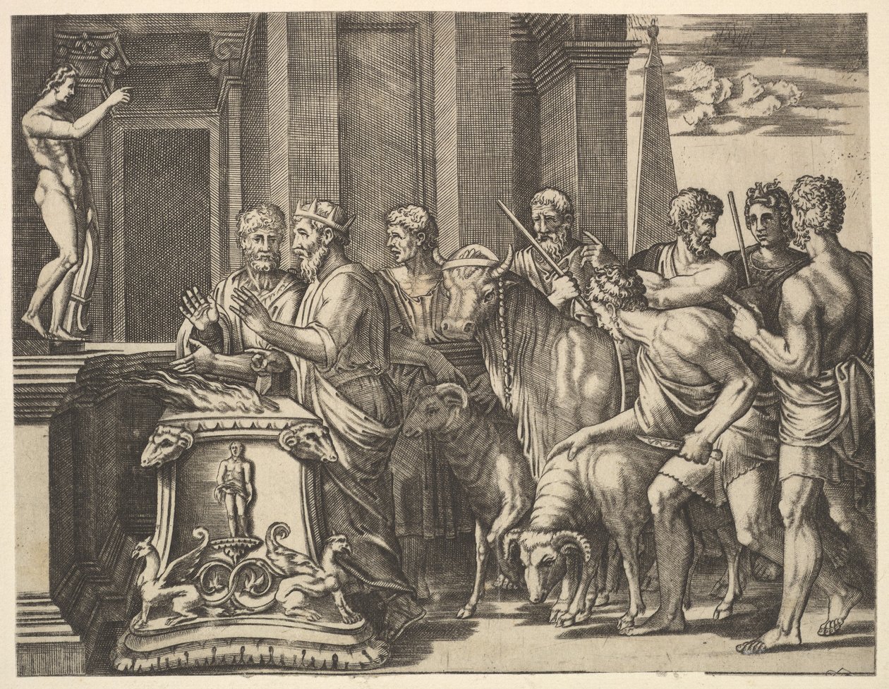 Psychen isä konsultoi oraakkelia, teoksesta The Fable of Psyche, 1530-60. tekijältä Master of the Die