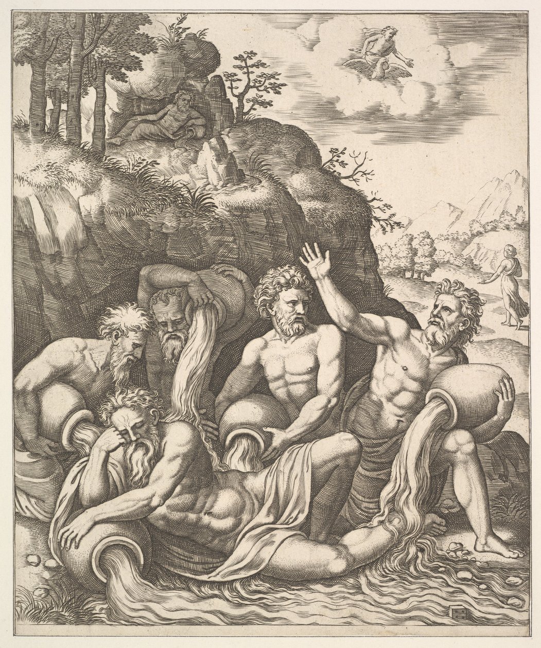 Joen jumalat lohduttavat Peneusta hänen tyttärensä Daphnen menetyksen johdosta elokuvasta Apo..., 1530-60. tekijältä Master of the Die