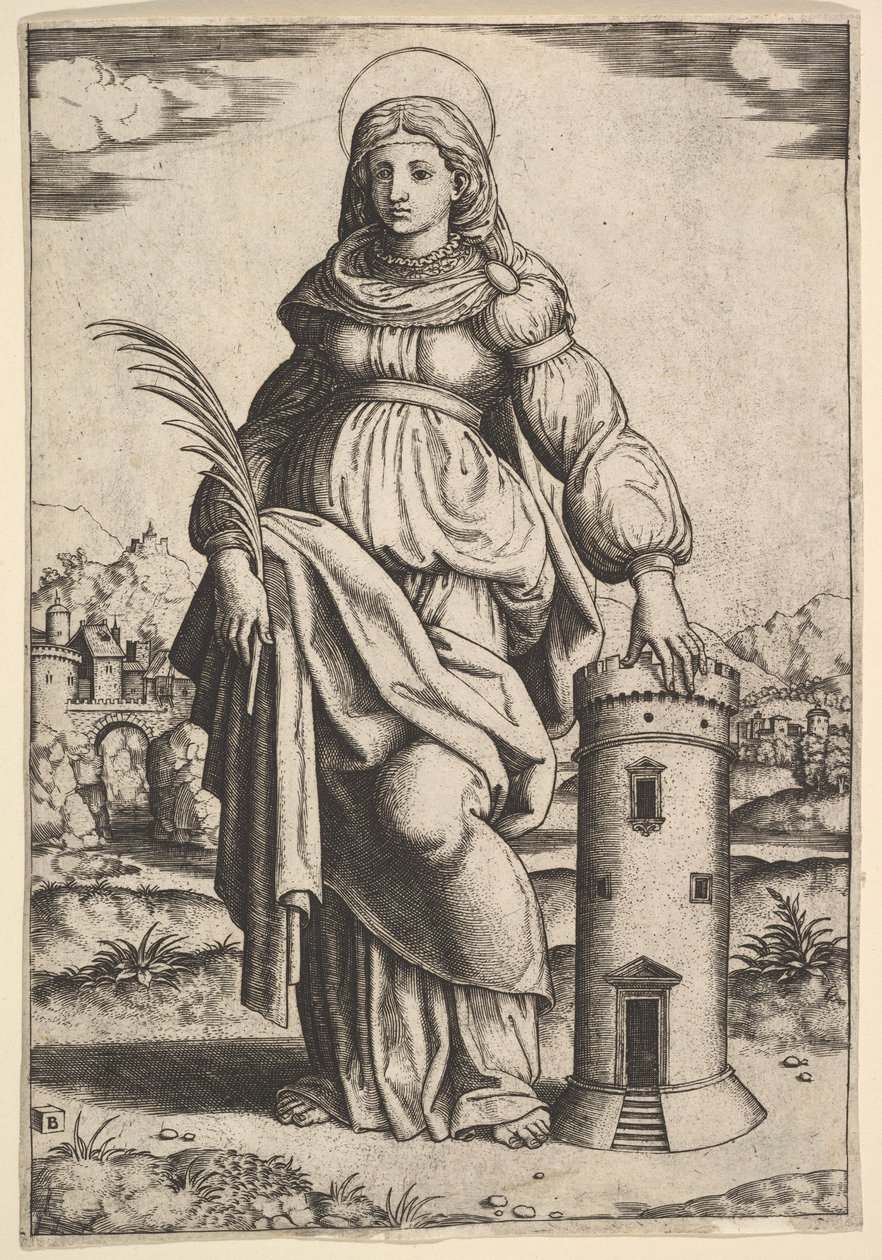 Pyhä Barbara seisomassa, kämmen oikeassa kädessään, lepäämässä vasenta kättään tornin päällä, 1530-60. tekijältä Master of the Die