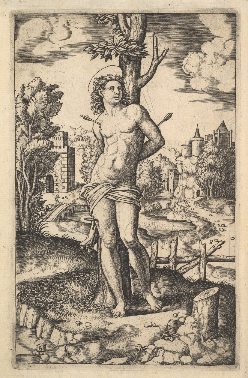 Pyhä Sebastian sidottu nuolien lävistämään puuhun, 1530-60. tekijältä Master of the Die