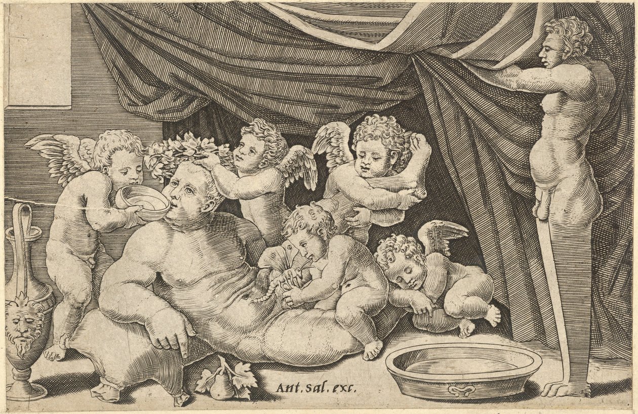 Roomalaisen loiston peili: Bacchus Puttin ympäröimänä Priapuksella..., 1500-luku. tekijältä Master of the Die