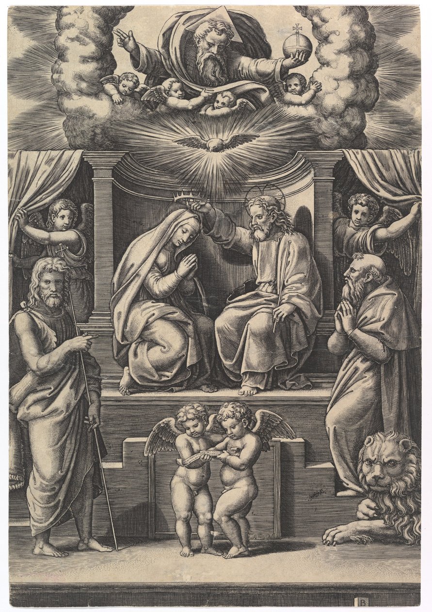 Neitsyen kruunaus, alhaalla vasemmalla seisoo Pyhä Johannes Kastaja, alhaalla oikealla..., 1530-60. tekijältä Master of the Die