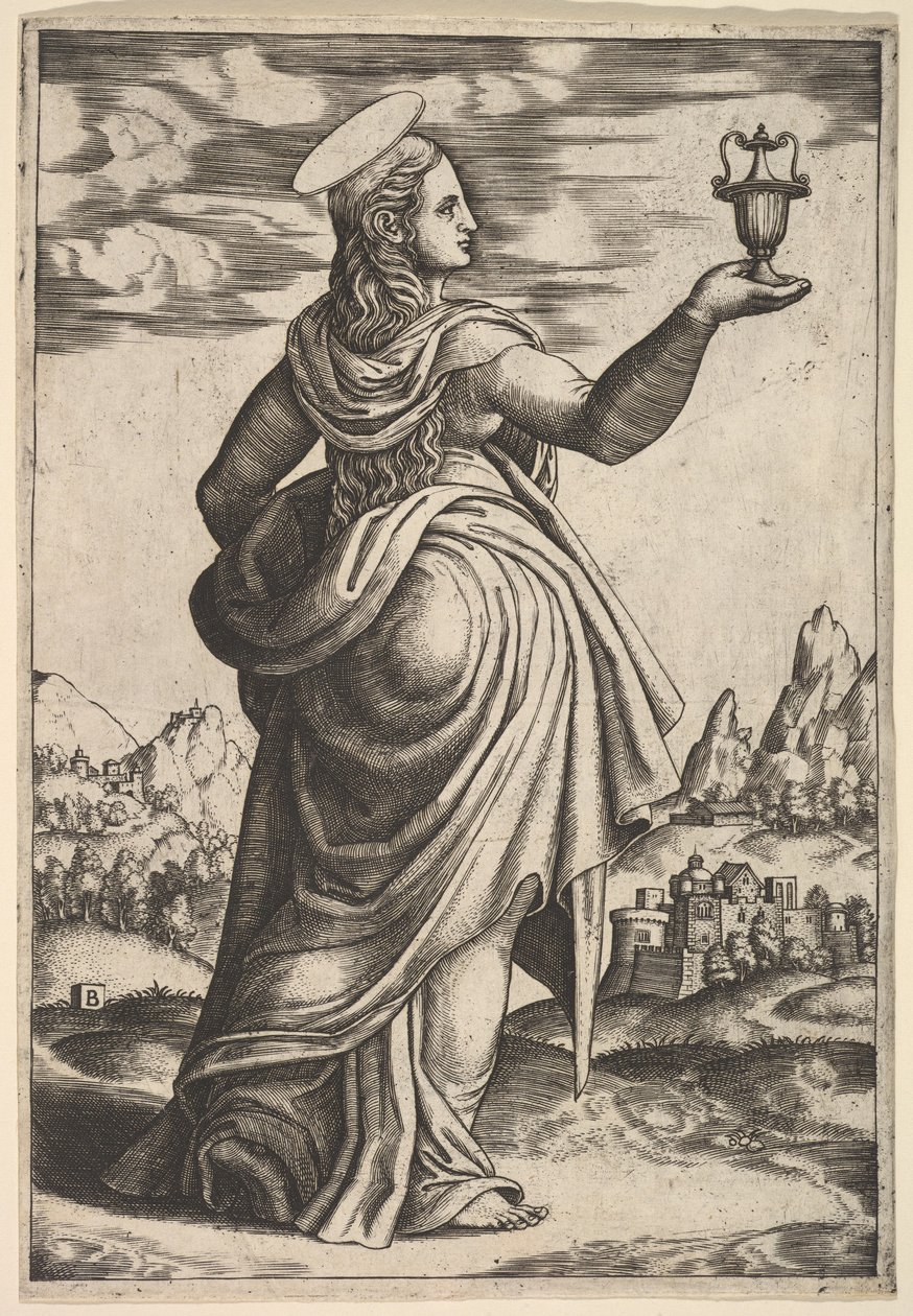 Magdaleena seisoo kasvot oikealle, tölkki ylhäällä oikealla kädellä, 1530-60. tekijältä Master of the Die