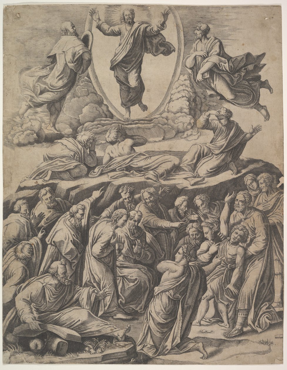 Kristuksen kirkastus, joka näkyy ylemmässä keskustassa, hänen alapuolellaan erilaisia hahmoja, mm...., 1530-60. tekijältä Master of the Die