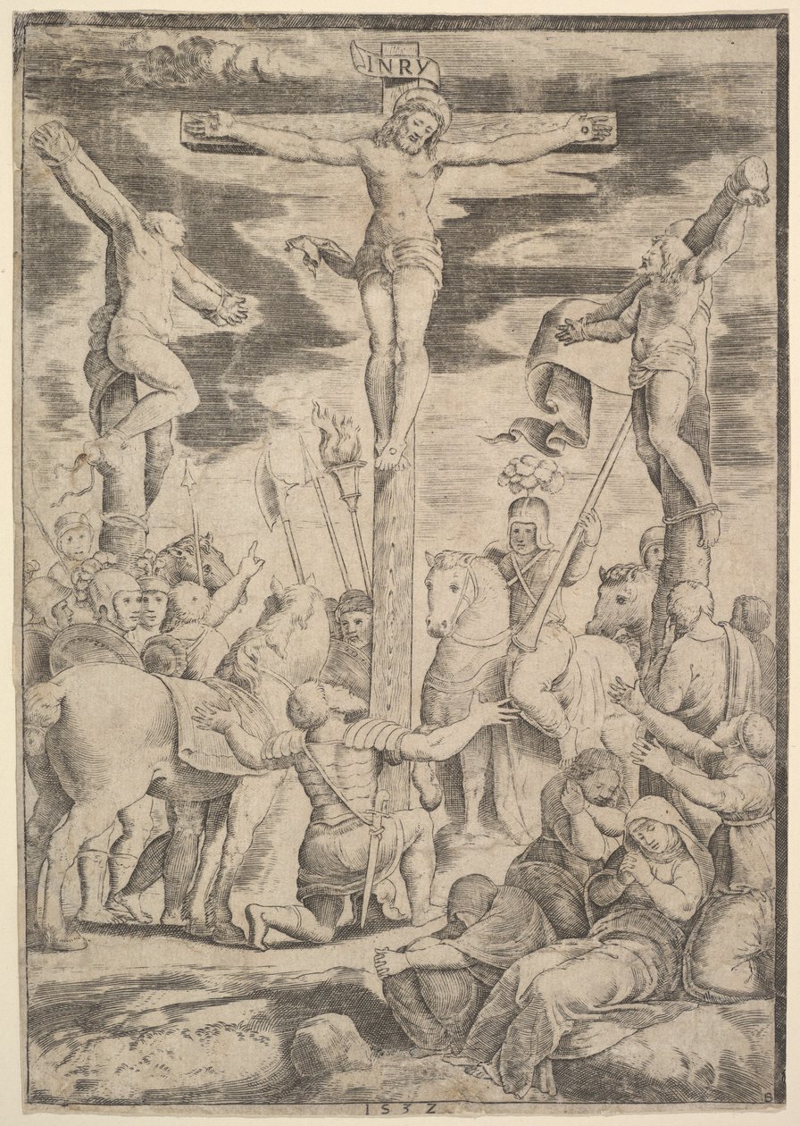Sadanpäällikön kääntymys, joka avaa kätensä ristillä Kristuksen edessä, 1532. tekijältä Master of the Die