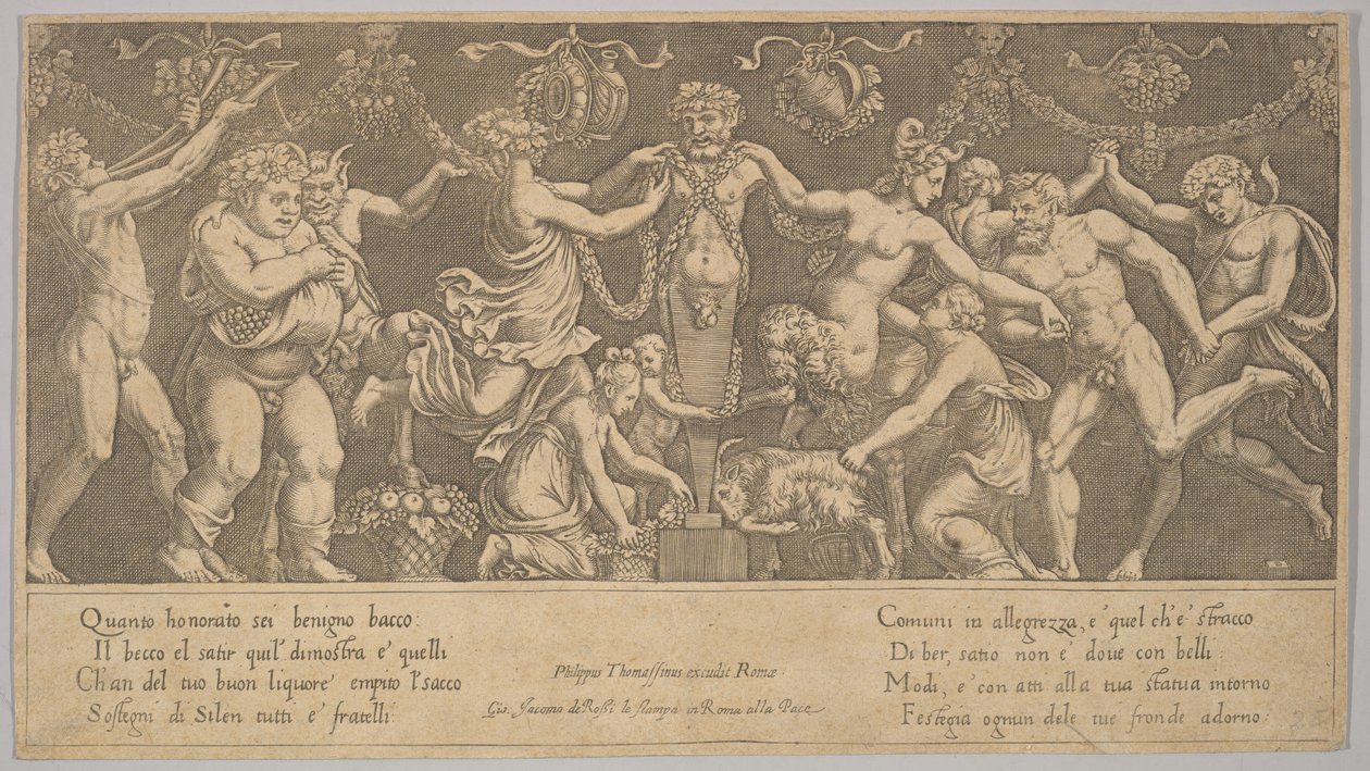 Uhri Priapukselle, joka on patsaan muodossa keskellä, Bacchus ja sa..., 1530-60. tekijältä Master of the Die
