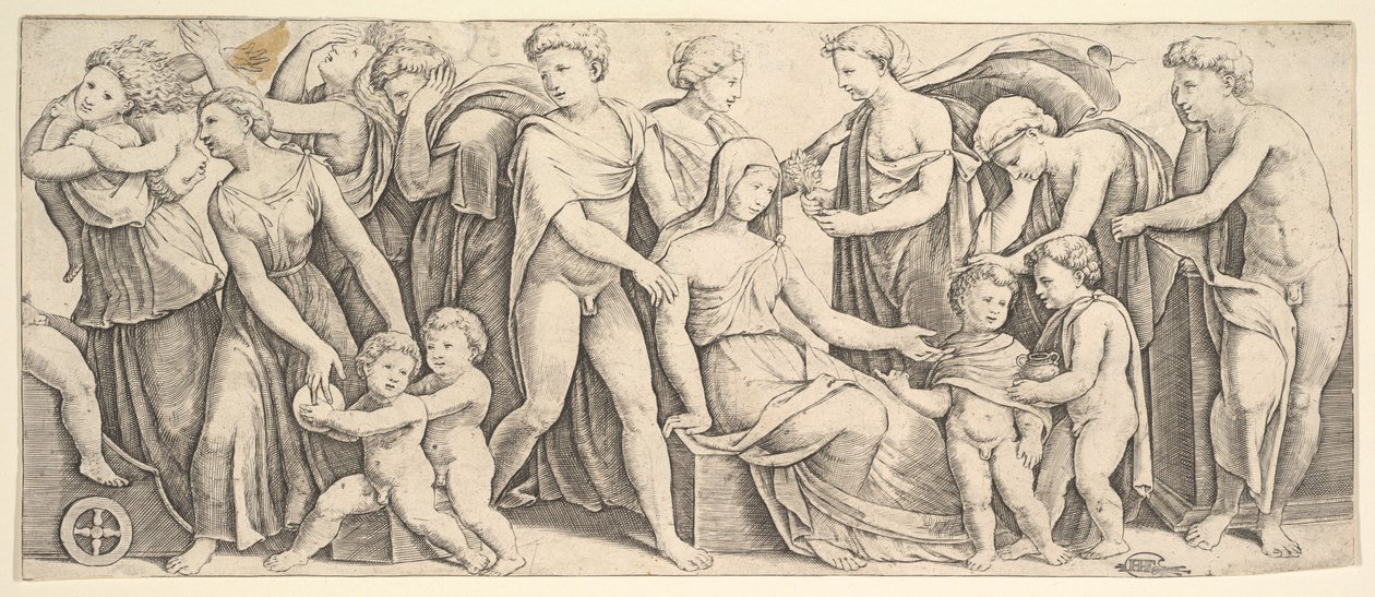 Jasonin ja Creusan häät vasemmalla Medea vie hänen lapsensa, 1530-60. tekijältä Master of the Die