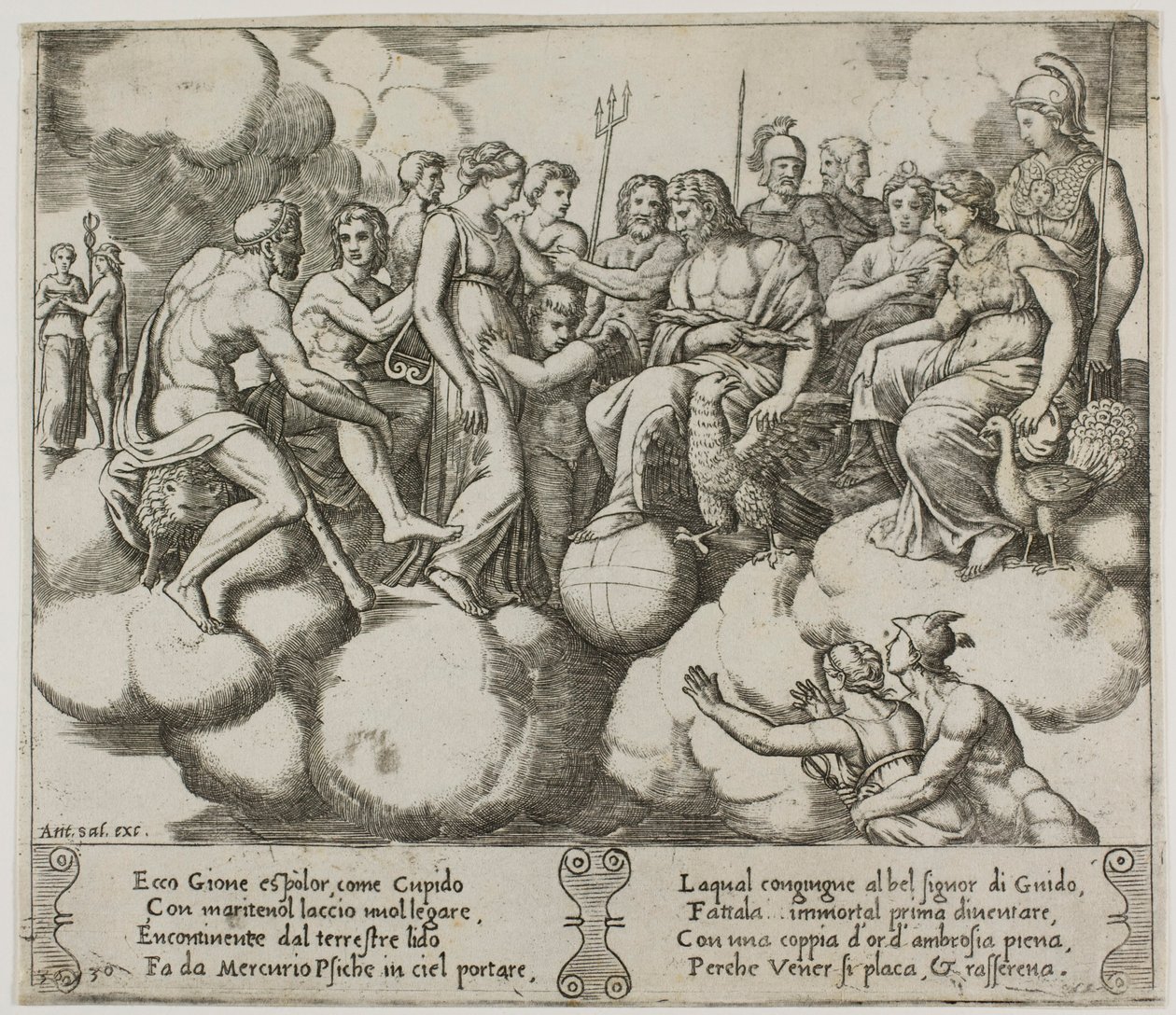 Venus ja Cupid vetoavat asiaansa Jupiterin ja muiden jumalien läsnäollessa tekijältä Master of the Die