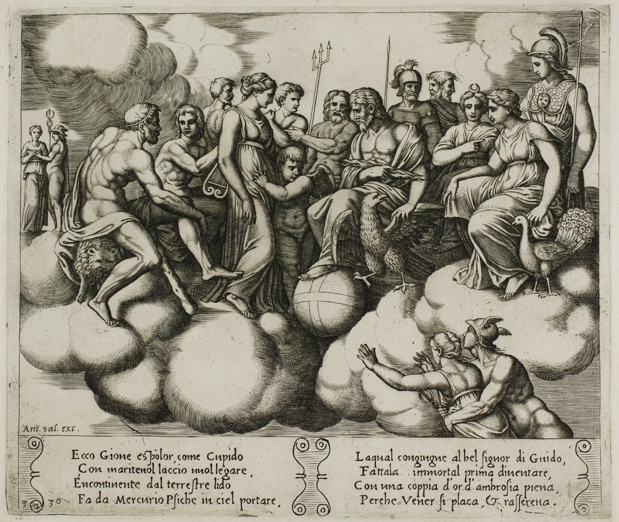 Venus ja Cupid vetoavat asiaansa Jupiterin ja muiden jumalien läsnäollessa tekijältä Master of the Die