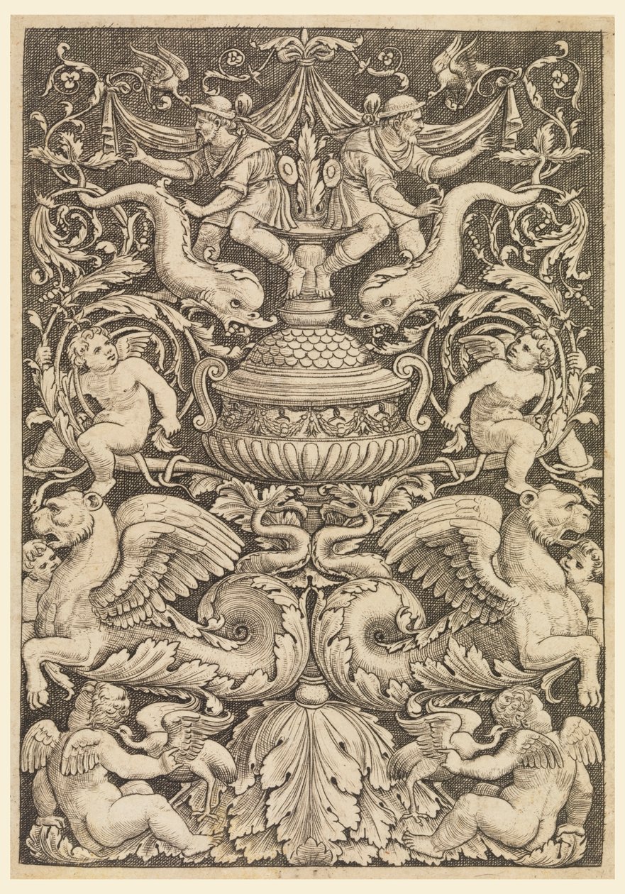 Groteski delfiinien ja siivekkäiden leijonien kanssa tekijältä Master of the Die, Italian or German, 1530 1560