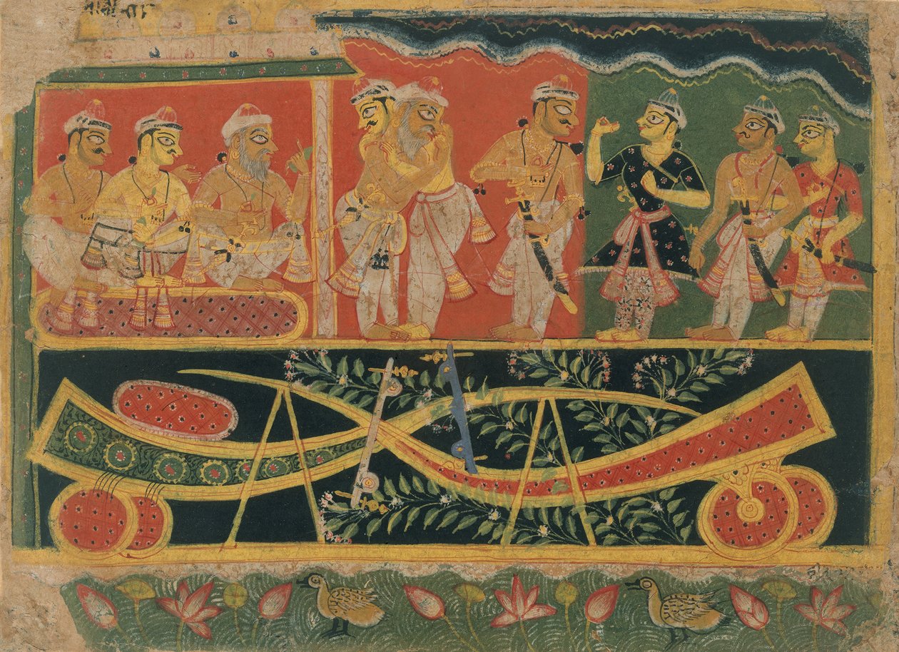 Nanda ja Vasudeva: Sivu hajallaan olevasta Bhagavata Puranasta..., n. 1520-30. tekijältä Master of the Dispersed Bhagavata Purana.