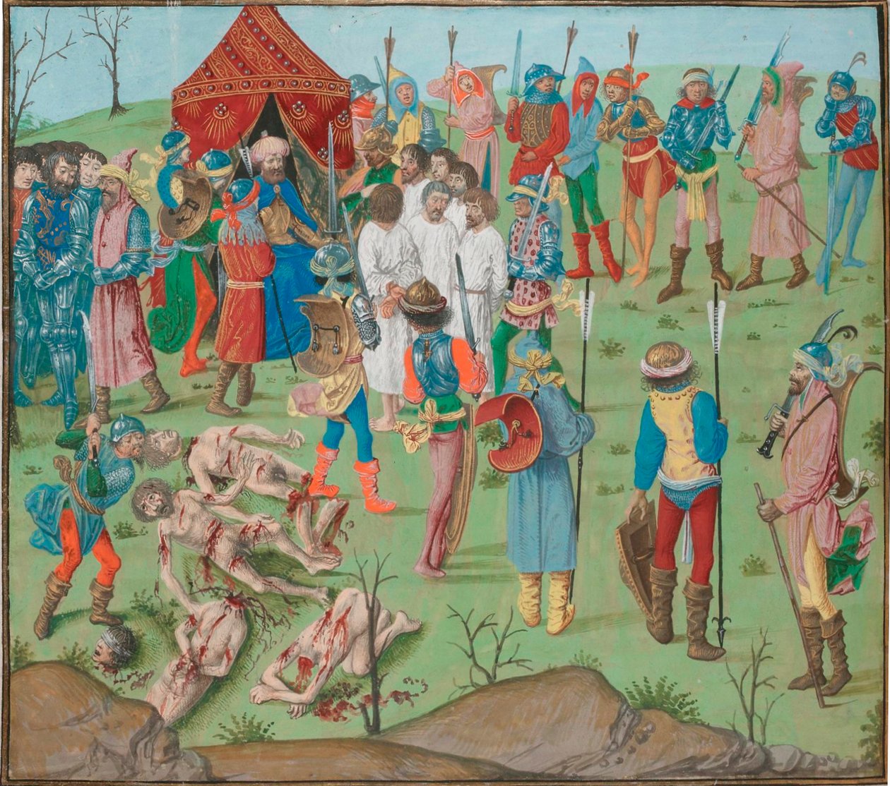 Nikopolin taistelun jälkiseuraukset Kristittyjen joukkomurha kostona Rahovan verilöylystä. Jean Froissart, kronikat, Flandria, Brugge. tekijältä Master of the Dresden Prayer Book
