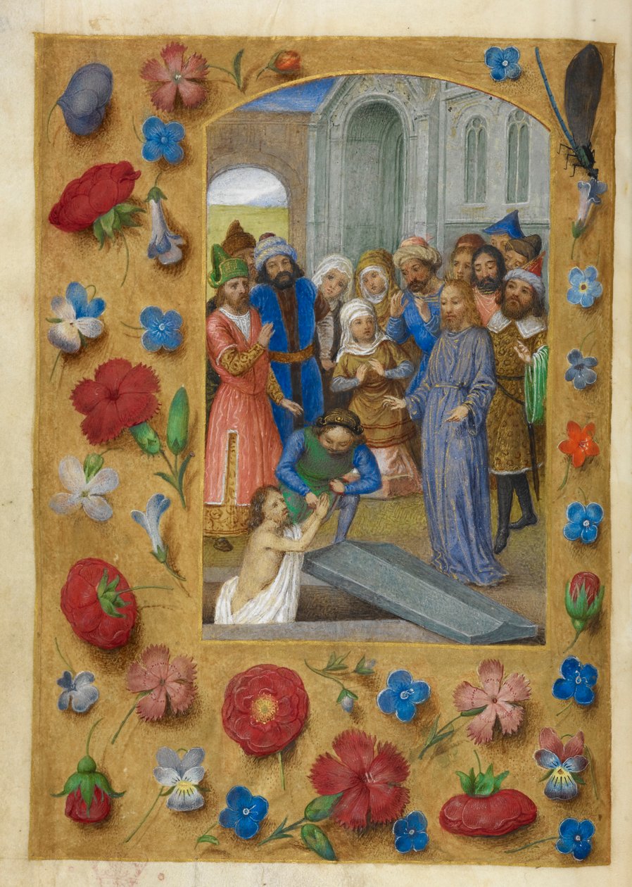 Kristus ja Lasaruksen ylösnousemus. tekijältä Master of the Dresden Prayer Books