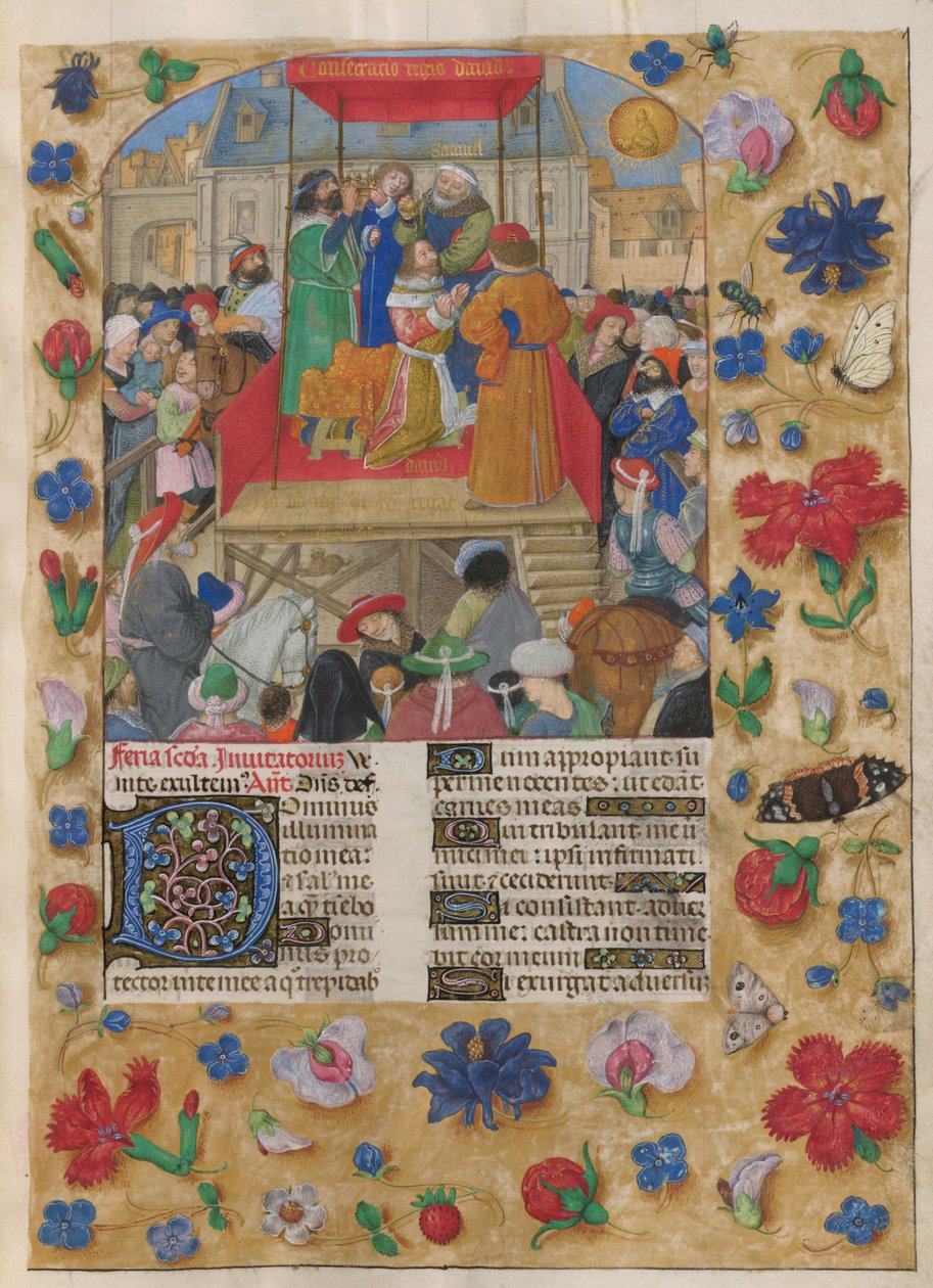 Daavid kruunattiin Israelin kuninkaaksi. Psalteri. Saul voitelemassa Daavidia ja kruunaamassa Daavidin Israelin kuninkaaksi. Psalmi 26, joka alkaa koristeellisella D-kirjaimella. Reunukset trompe l