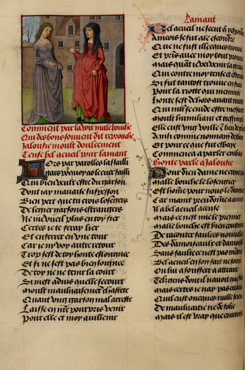 Miniatyyri näyttää Jalousien (Kateus) puhuvan Bel Accueilille (Fair Welcome) Le Roman de la Rosesta tekijältä Master of the Dresden Prayer Books