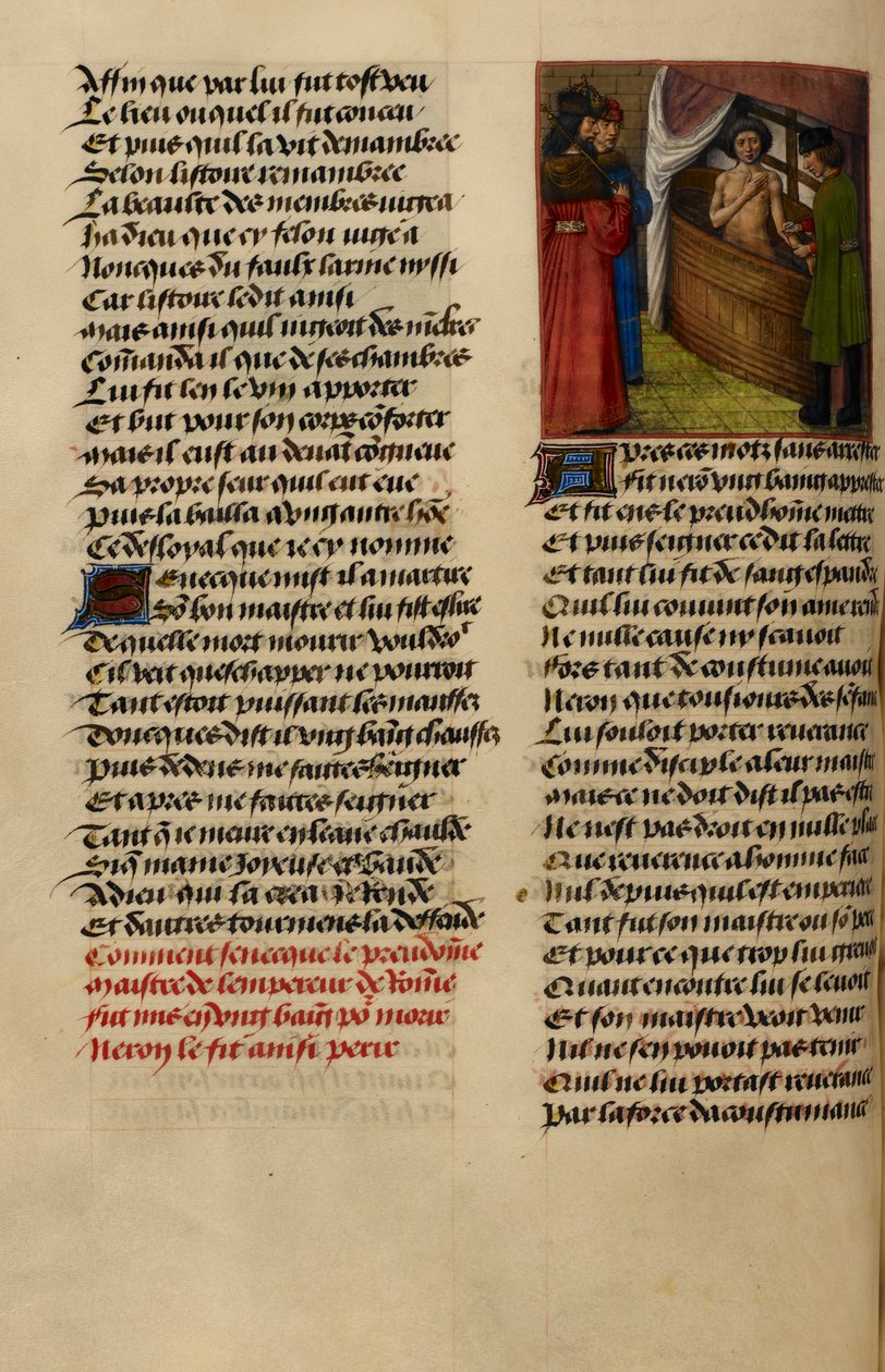 Miniatyyri esittää Neroa katsomassa, kuinka Senecan ranteita leikataan kylvyssä Le Roman de la Rosesta tekijältä Master of the Dresden Prayer Books