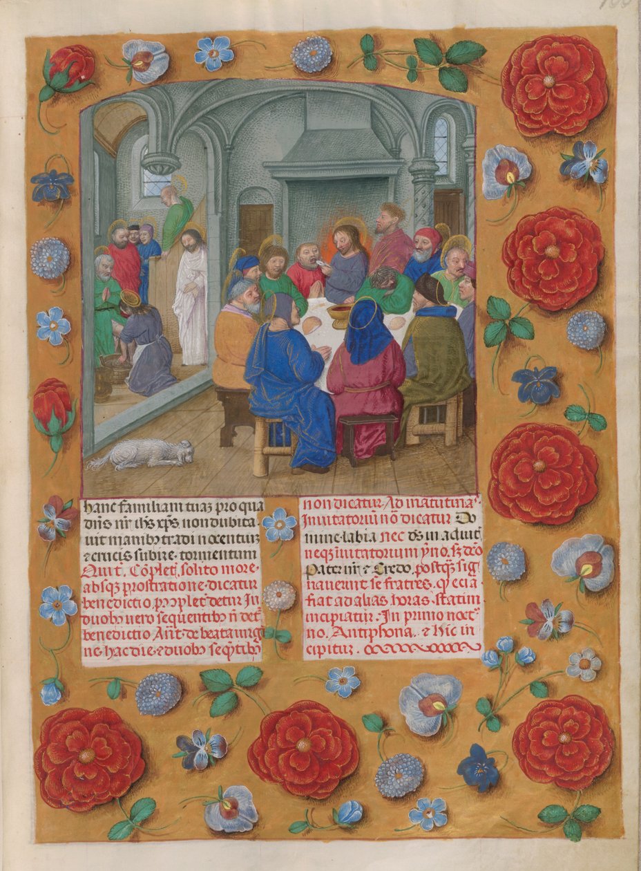 Temporale (1. osa: ensimmäisestä adventtisunnuntaista suureen lauantaihin). Viimeinen ehtoollinen (suurtorstai, Matins). Reunus kukkakoristeella. Kaksi saraketta tekstiä. tekijältä Master of the Dresden Prayer Books