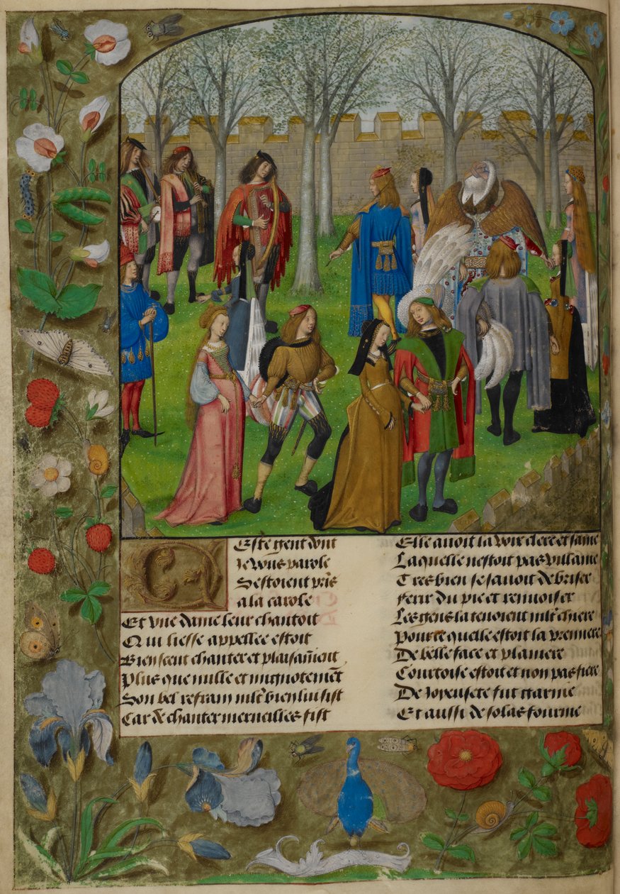 Carolle puutarhassa. Rakastaja kutsutaan tanssimaan Le Roman de la Rosen Sir Mirthin ja Lady Gladnessin johtaman parin kanssa. tekijältä Master of the Dresden Prayer Books