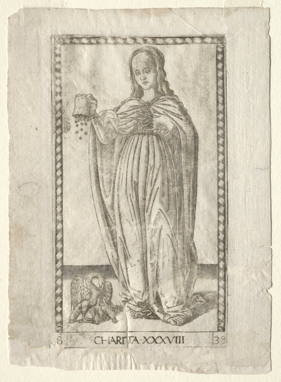Charity from the Tarocchi, sarja B: Cosmic Principles & Virtues, #38, ennen vuotta 1467. tekijältä Master of the E Series Tarocchi