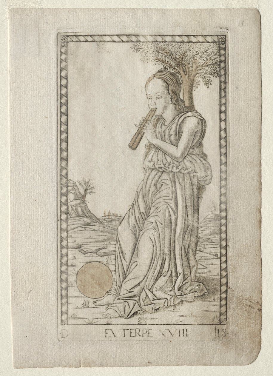 Euterpe-musiikkia, lyriikkaa Tarocchi-sarjasta D..., ennen vuotta 1467. tekijältä Master of the E-Series Tarocchi