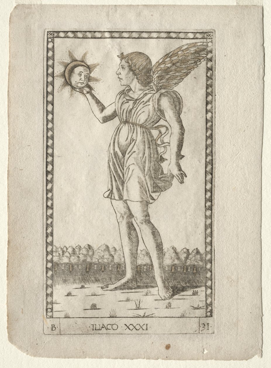 Auringon nero Tarocchista, sarja B: Cosmic Principles & Virtues, #31, ennen vuotta 1467. tekijältä Master of the E Series Tarocchi