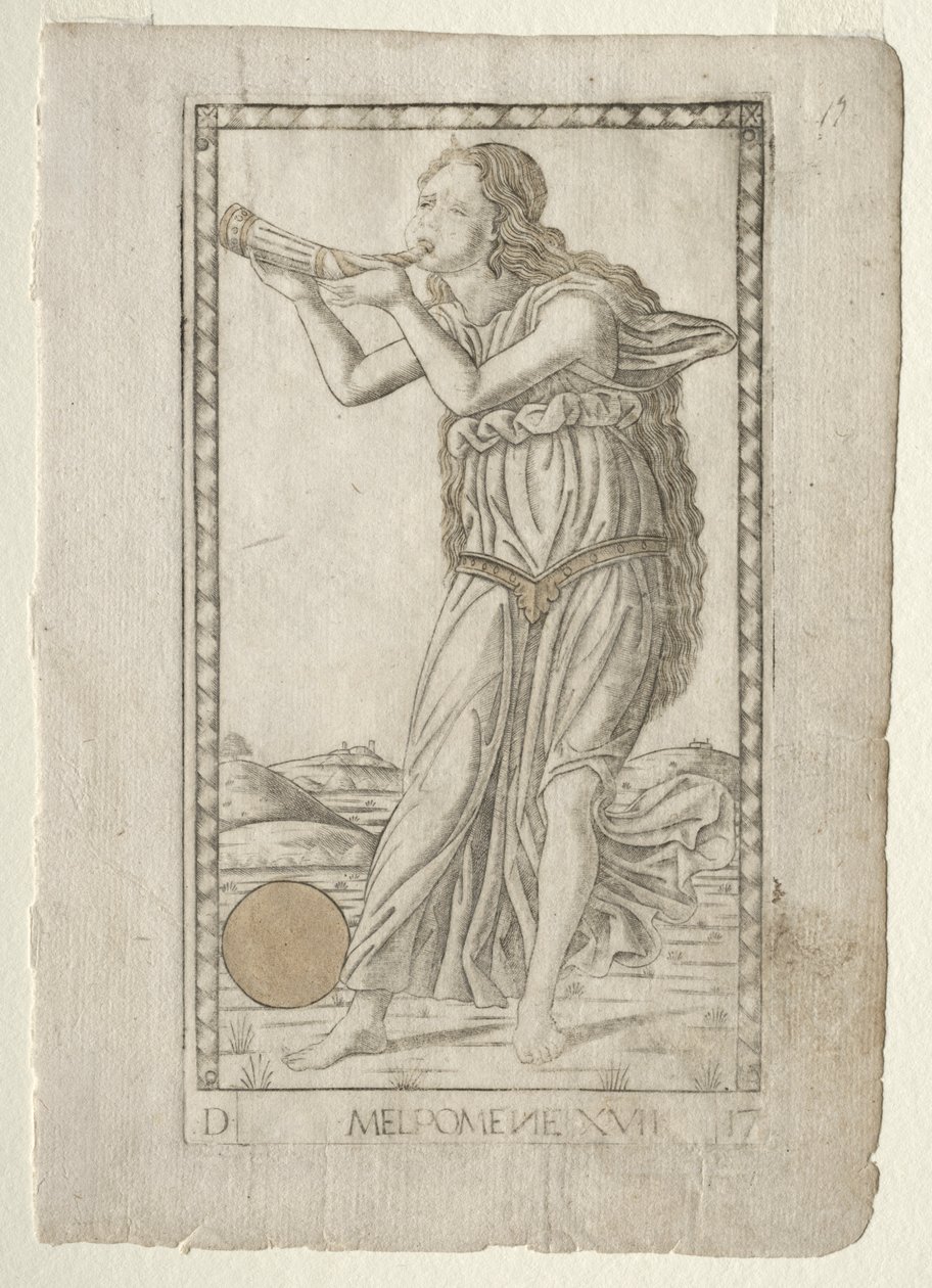 Melpomenen tragedia Tarocchi-sarjasta D: Apollo and the Muses, #17, ennen vuotta 1467. tekijältä Master of the E Series Tarocchi