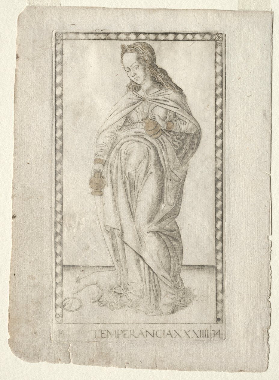 Temperance from the Tarocchi, sarja B: Cosmic Principles & Virtues, #34, ennen vuotta 1467. tekijältä Master of the E Series Tarocchi