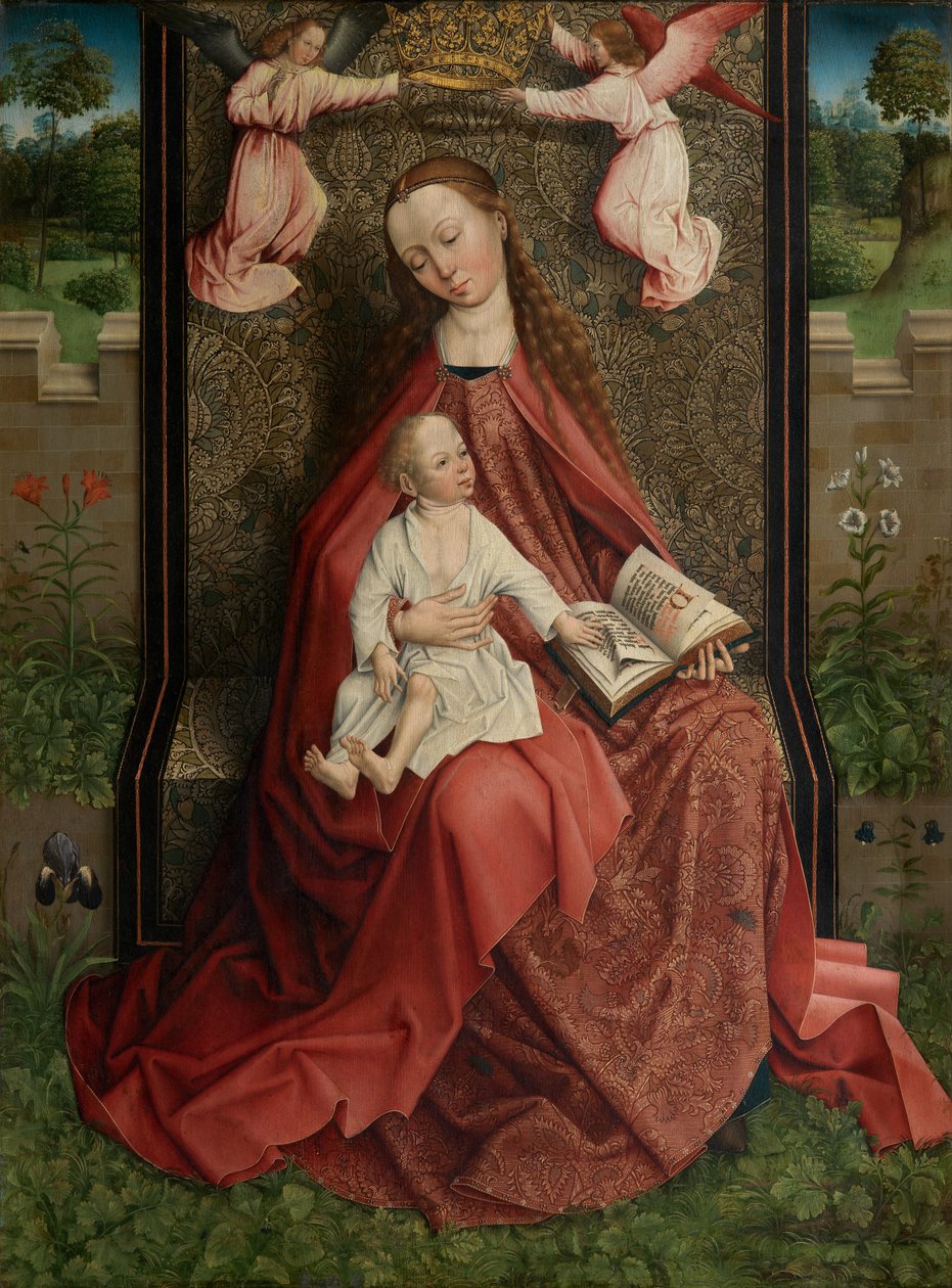 Madonna Crown by Angels (öljy paneelissa) tekijältä Master of the Embroidered Foliage