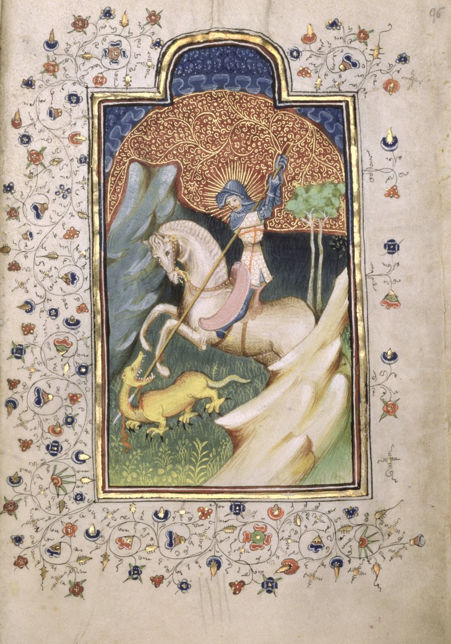 Pyhä Yrjö taistelee lohikäärmettä vastaan, 1420-30 (tempera ja kulta pergamentilla). tekijältä Master of the Embroidered Foliage