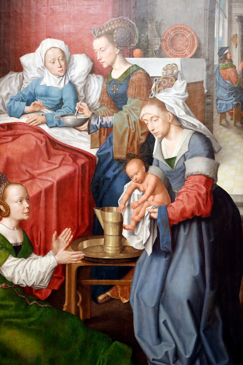 Evoran museo. Evoran alttaritaulun mestari. Neitsyen syntymä. Öljy paneelissa. Flanderin koulu 1500. Portugali. tekijältä Master of the Evora Altarpiece