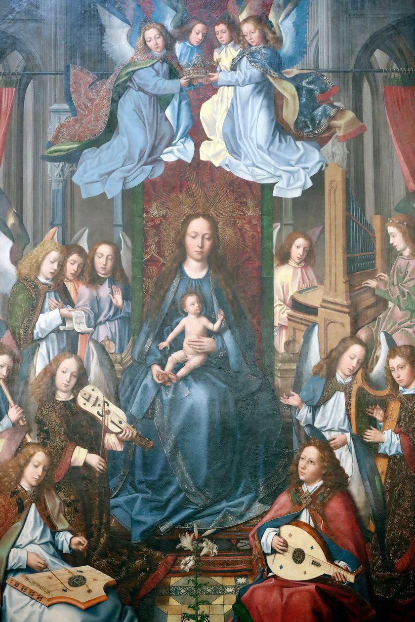 Evoran museo. Evoran alttaritaulun mestari. Pyhän Neitsyen ylistys. Öljy paneelissa. Flanderin koulu 1500. Portugali. tekijältä Master of the Evora Altarpiece