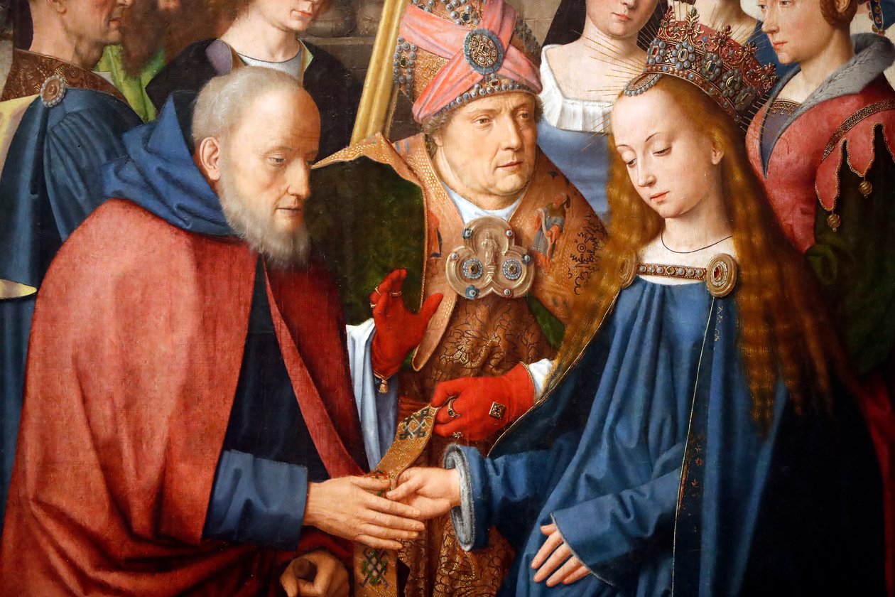 Evoran museo. Evoran alttaritaulun mestari. Neitsyen ja Joosefin häät. Öljy paneelissa. Flanderin koulu 1500. Portugali. tekijältä Master of the Evora Altarpiece
