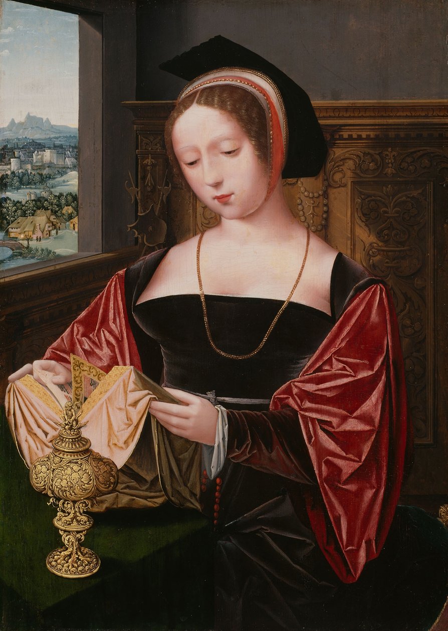 Nainen lukemassa (Pyhä Maria Magdaleena), noin 1530 (öljy paneelille). tekijältä Master of the Female Half Lengths