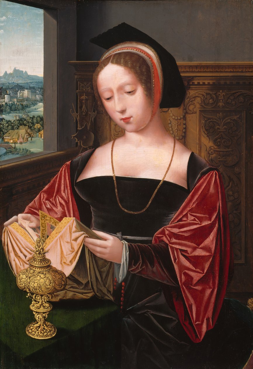 Lady lukee Pyhää Maria Magdalenaa, noin 1530. tekijältä Master of the Female Half Lengths
