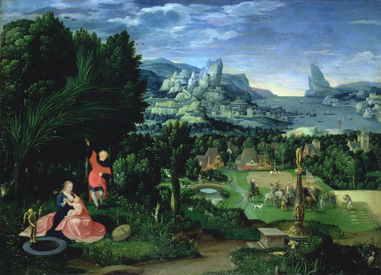 Lepo Egyptin pakomatkalla, Joachim Patinirin (k.1515-25) maalaama maisema (paneeli). tekijältä Master of the Female Half Lengths