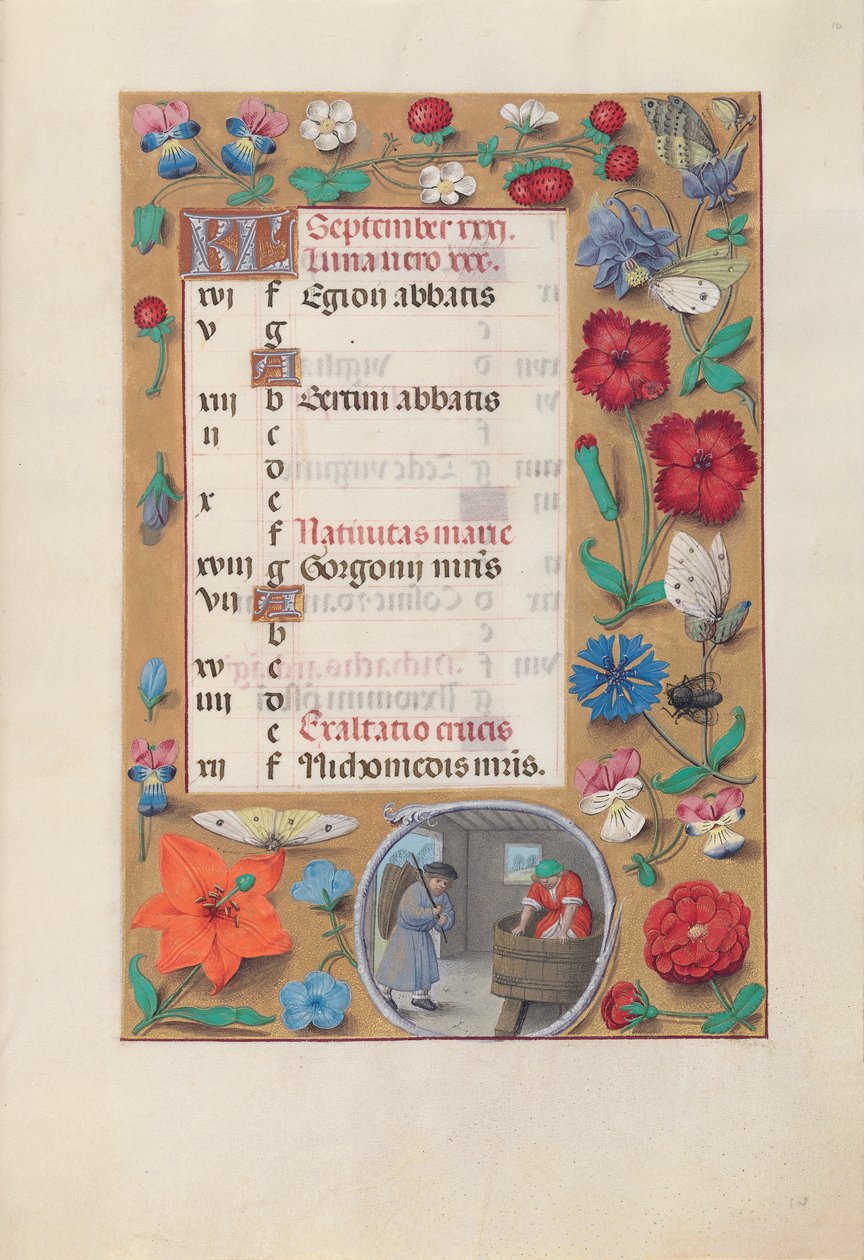 Kuningatar Isabella Katolisen, Espanjan kuningatar: Fol. 10r, syyskuu, c. 1500. tekijältä Master of the First Prayerbook of Maximillian