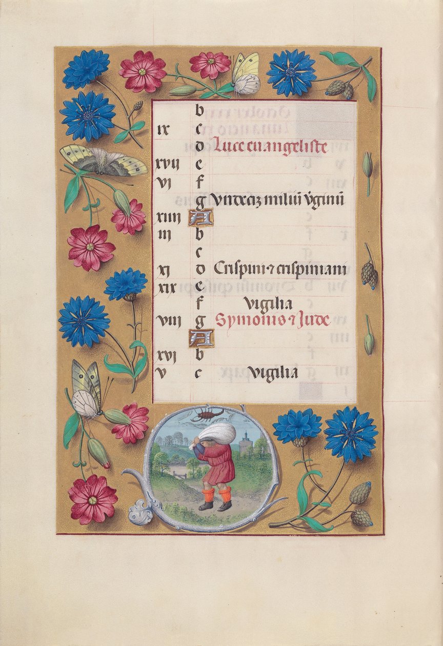 Kuningatar Isabella Katolisen, Espanjan kuningatar: Fol. 11v, lokakuu, n. 1500. tekijältä Master of the First Prayerbook of Maximillian